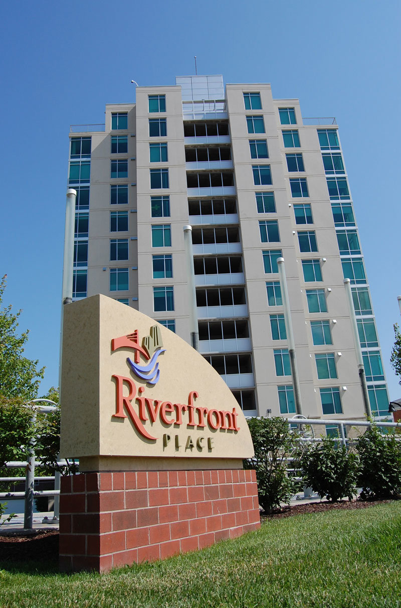 Riverfront Place Condo Building and Sign in Downtown Omaha